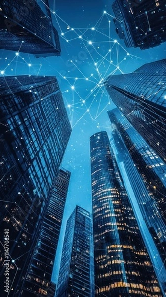 Fototapeta Skyscrapers Connected by Network at Night