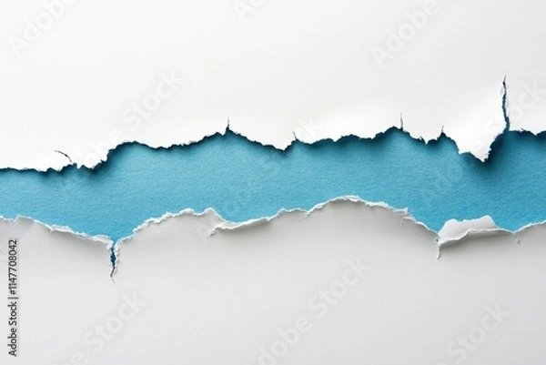 Fototapeta Torn White Paper Revealing Blue Background, abstract design, texture contrast, artistic expression