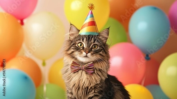 Fototapeta Cute cat in party hat celebrating birthday colorful balloons fun event indoor setting cheerful atmosphere