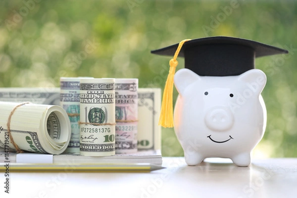 Obraz Graduation hat on piggy bank with stack of coins money and banknote on natural green background, Saving money for education concept