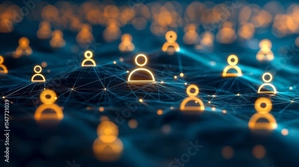 Obraz The image depicts a digital network of interconnected user icons, symbolizing connectivity and interaction in a virtual environment.