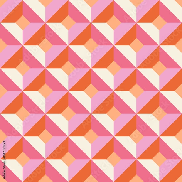 Fototapeta Vibrant geometric pattern with tessellated diamonds in orange, pink, and cream, creating 3D illusion. Perfect for wallpapers, textiles, packaging, web backgrounds, or modern interior design projects.