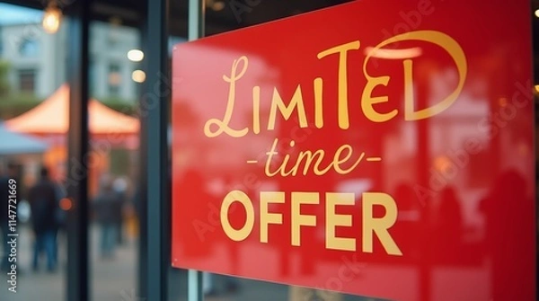 Fototapeta Bold red limited time offer signs on a modern store display, with soft reflections on the glass and an inviting retail setting, creating urgency for shoppers.