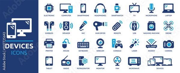Fototapeta Devices icon set. Containing smartphone, tablet, computer, TV, camera, speaker, smartwatch, microphone, headphones and more. Solid vector icons collection.