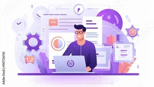 Fototapeta Happy Young Man Working on Laptop with Data Analytics and Business Charts