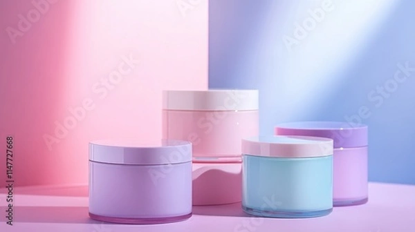 Fototapeta A chic arrangement of pastel cream jars in pink, lavender, and blue on a soft gradient background, highlighting modern beauty product design.