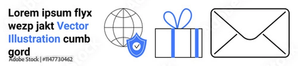 Fototapeta Globe with shield depicting security, gift box, envelope, and placeholder text with blue vector illustration heading. Ideal for security, communication, gifting, mail services, landing page designs