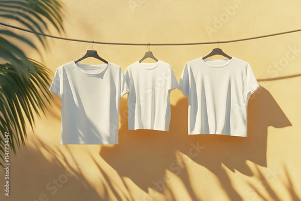 Fototapeta Three White T-Shirts Hanging on a Clothesline with Palm Shadows