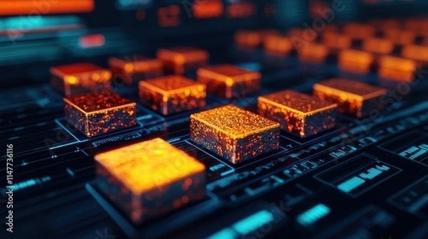 Obraz Glowing Orange Blocks on Futuristic Digital Interface Background
