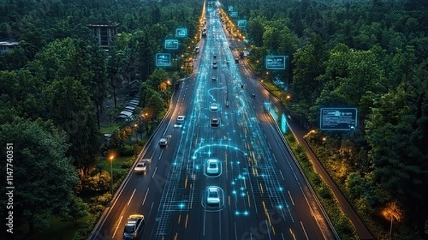 Obraz Aerial view of a highway at twilight, with cars connected by a network of digital lines, showing intelligent transportation system.