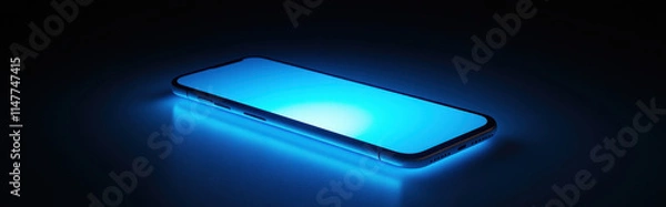 Fototapeta A smartphone with a glowing screen in a dark room, soft blue light illuminating the surface, sleek and futuristic design, minimalist