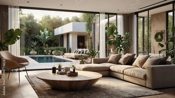 Fototapeta Modern living room in a villa with open garden view, large sliding glass doors, neutral furniture, indoor plants, and cozy textures, ultra-realistic render.