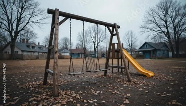 Fototapeta Autumnal Playground Solitude: Empty Swings and Slide Against a Row of Houses on an Overcast Day