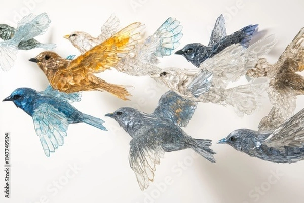 Fototapeta A Flock of Birds Sculptures Made of Recycled Glass
