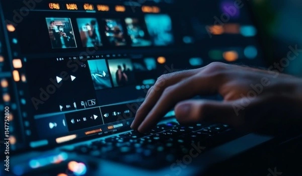 Fototapeta Close-up of a Hand Editing Videos on a Laptop
