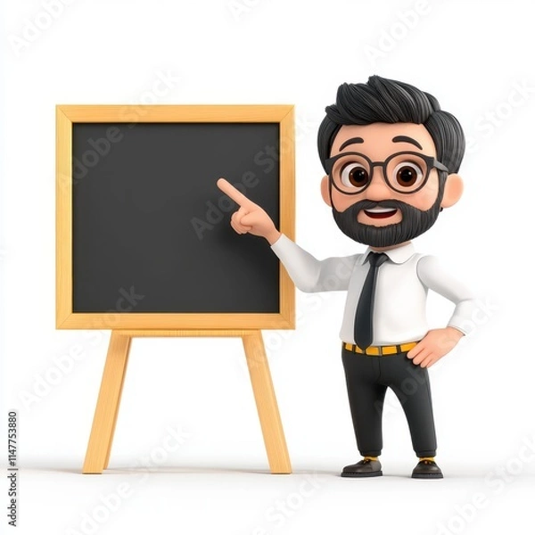 Fototapeta A cartoon character with glasses and a beard points to a blank chalkboard, dressed in a white shirt and tie, showcasing a friendly, educational vibe.
