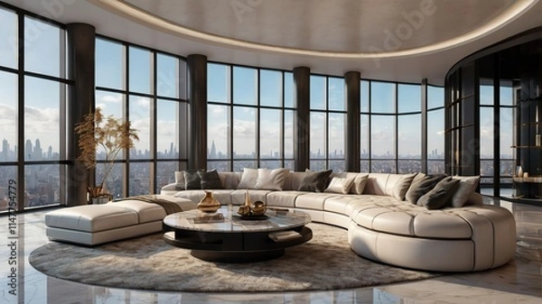 Fototapeta Penthouse living room with panoramic city views, luxurious modern design, leather sofas, marble accents, and stylish decor, 3D render.