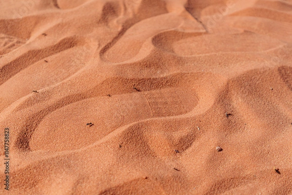 Fototapeta Wavy red desert sand surface featuring human footprints and natural textures under sunlight, evoking exploration...