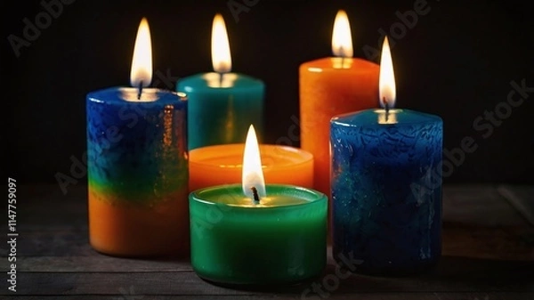 Fototapeta Three vibrant candles, green, blue, and orange, burn with soft flames in a dark setting, creating a serene ambiance ideal for themes of tranquility and meditation