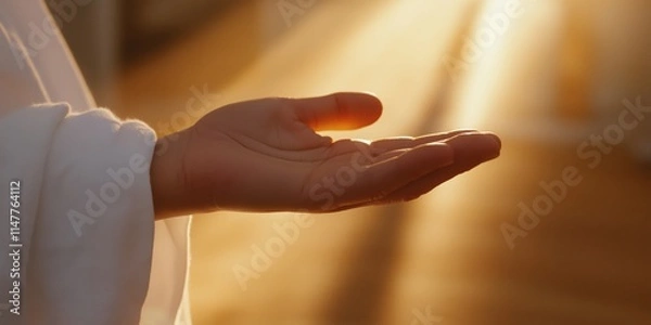 Fototapeta Close-up of an outstretched hand resembling that of Jesus Christ, illuminated by soft, golden light streaming through the background