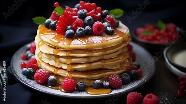 Obraz Stack of Pancakes with Fresh Berries and Syrup 