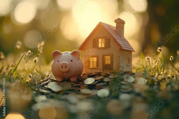 Fototapeta A piggy bank beside a miniature house on a bed of coins, symbolizing savings and investment.