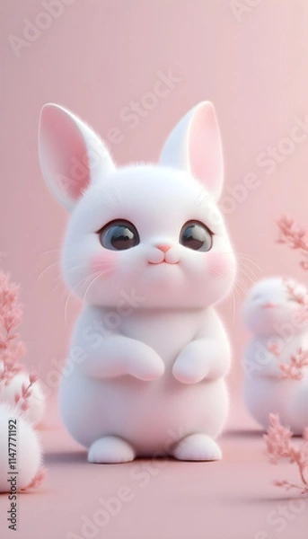 Fototapeta Conejo súper tierno y suave mirando a cámara. Estilo kawaii. Fondo rosa