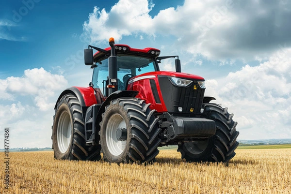 Fototapeta A red tractor in a golden field under a blue sky, showcasing agricultural machinery.
