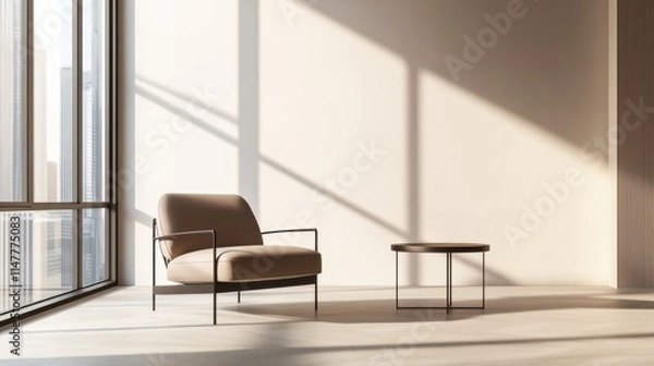 Fototapeta Minimalist modern living room with sleek, open design. Featuring clean lines and soft tones
