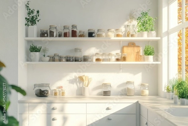 Fototapeta Scandinavian style white kitchen with eco friendly decor.