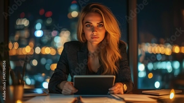 Fototapeta An ambitious businesswoman is intently typing on her tablet while seated in a sleek office. The vibrant city lights twinkle outside, highlighting her determination and drive during late hours