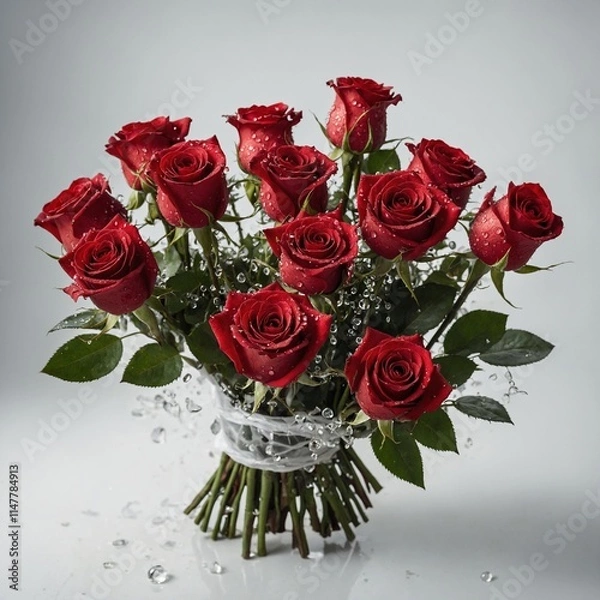 Fototapeta A romantic bouquet of red roses with dewdrops on the petals, tied together and placed on a white background.