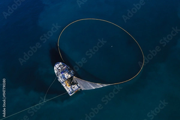 Obraz A bird's eye view of a large fishing vessel retrieving its nets. 