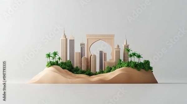 Fototapeta Saudi Arabia skyline with abstract nature elements including old arches and sand dunes isolated on a white background