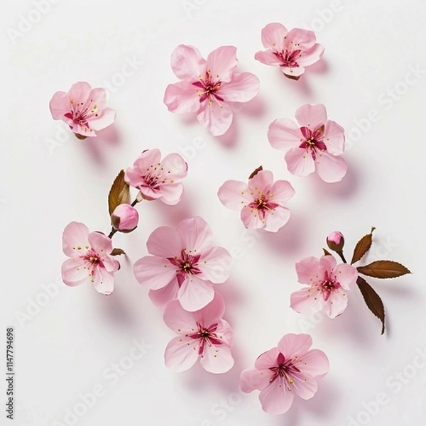 Obraz Pink Flowers, Isolated on white background, flat lay