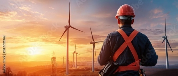 Fototapeta A man in a hard hat stands in front of a wind farm