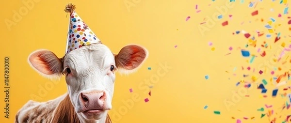 Obraz Cow with party hat and confetti against yellow backdrop.