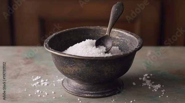 Obraz Rustic Bowl of Salt with Spoon on a Weathered Wooden Table
