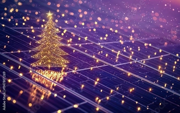 Fototapeta Solar panels with a sparkling holiday tree in front, set against a deep purple background with glowing accents