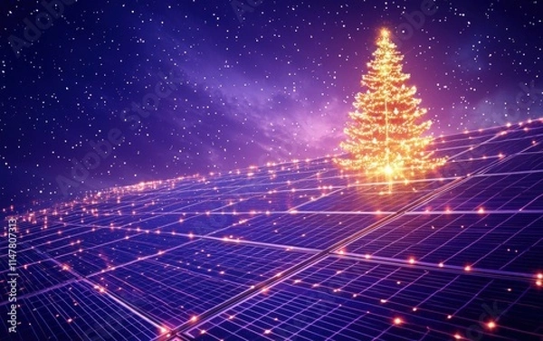 Fototapeta Solar panels with a sparkling holiday tree in front, set against a deep purple background with glowing accents