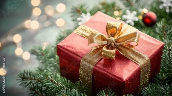 Fototapeta The red Christmas gift, elegantly wrapped in shimmering paper and tied with a sparkling golden ribbon, adds a pop of color among the lush evergreen branches