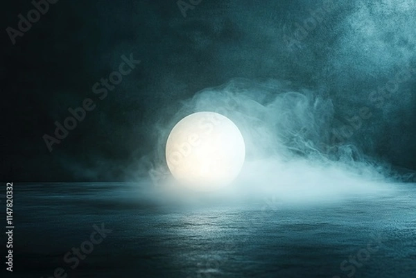 Fototapeta glowing orb of light surrounded by faint mist floating over matte dark surface