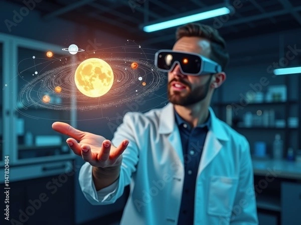 Fototapeta Scientist using virtual reality glasses to explore a 3D model of the solar system in a modern laboratory setting