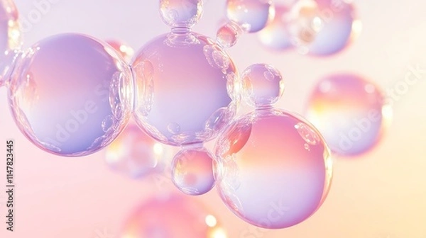 Fototapeta cluster of floating bubbles reflecting soft pastel hues against blurred gradient backdrop