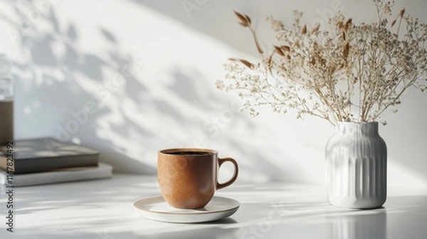 Fototapeta Elegant Coffee Setup with Ceramic Mug and Dried Flowers