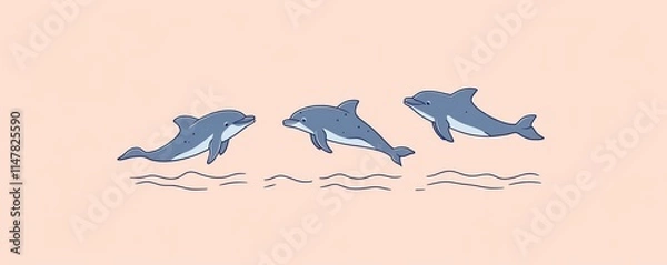 Fototapeta Three cartoon dolphins jumping out of the waves.