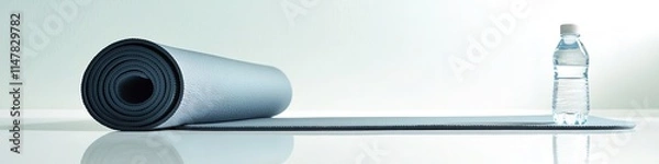 Fototapeta clean flat lay of yoga mat rolled up next to water bottle on smooth white surface under soft directional lighting