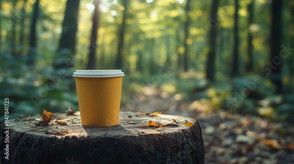 Fototapeta A yellow disposable coffee cup sits on a tree stump in a sun-dappled forest. Autumn leaves surround the cup, creating a peaceful and tranquil scene.