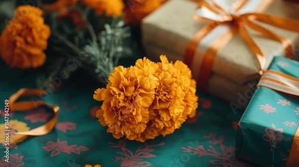 Fototapeta Vibrant Marigold Blooms and Autumn Gifts on Patterned Fabric