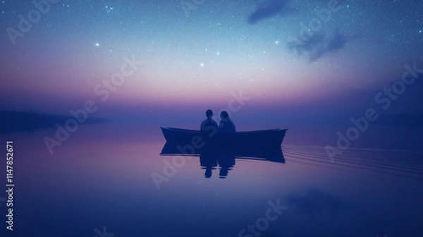Fototapeta A soft, dreamlike shot of a couple enjoying a peaceful boat ride on a glowing lake under a starry sky, capturing the calm and serenity of the moment